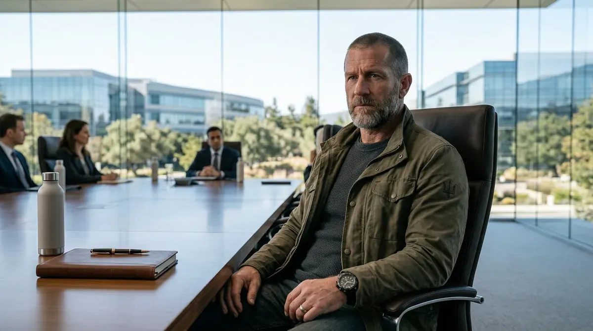 Bearded man in olive jacket sits at a modern conference table with colleagues, large windows overlooking an office park.