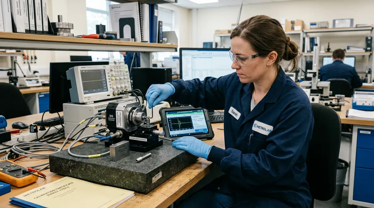 Woman in Metrolab lab calibrating precision equipment with a tablet, wearing safety glasses and gloves.