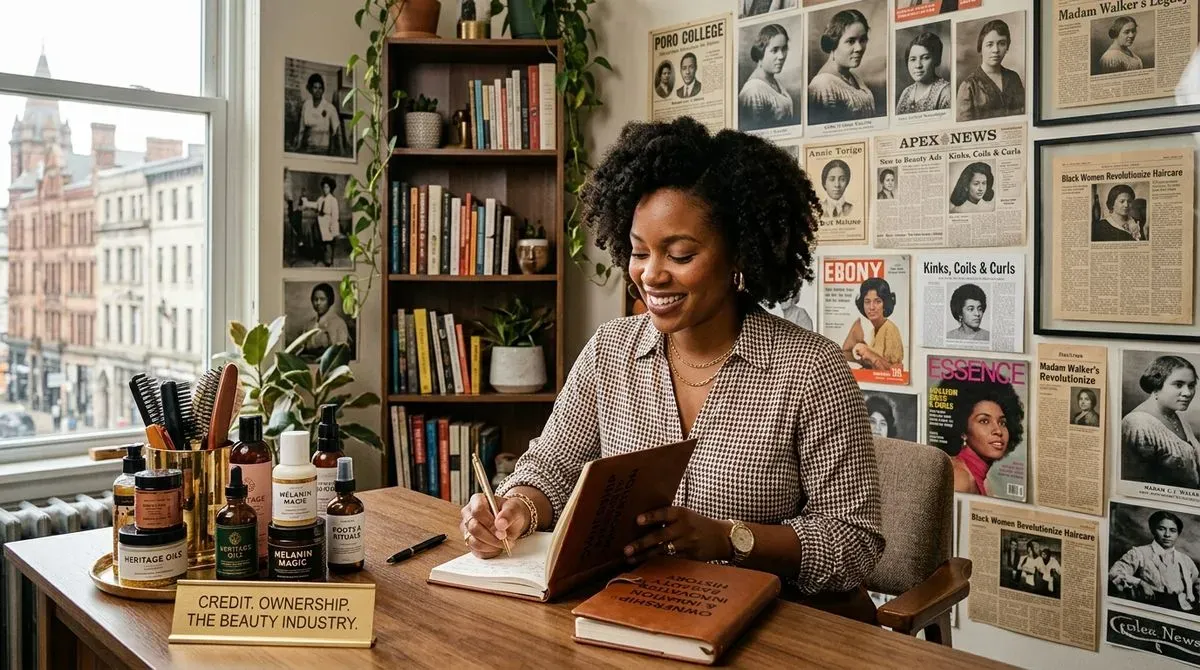 Smiling Black woman entrepreneur writing at a desk with natural hair products, surrounded by Black beauty history.
