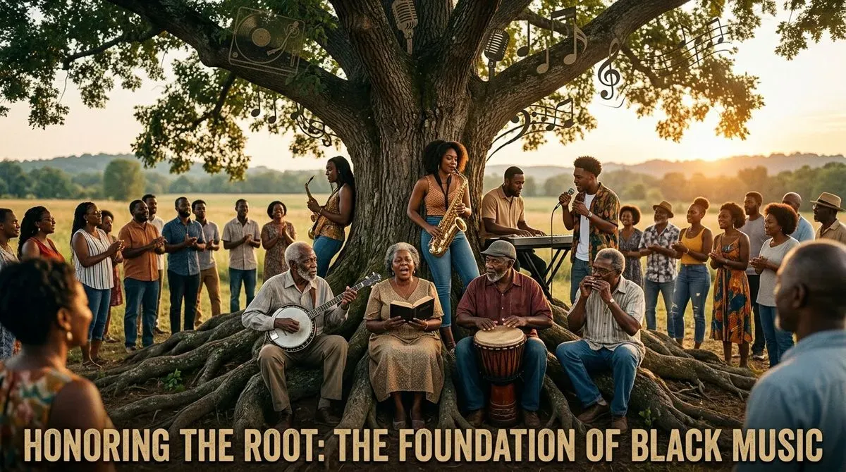 Multi-generational Black community celebrates music heritage under a large tree with musicians, singers, and musical notes.