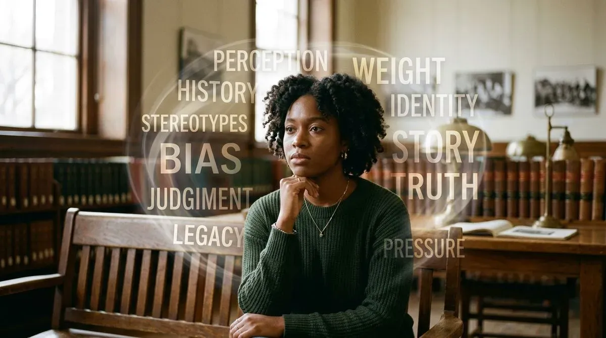 Thoughtful Black woman in library, surrounded by words like BIAS, STEREOTYPES, IDENTITY, HISTORY, PRESSURE.