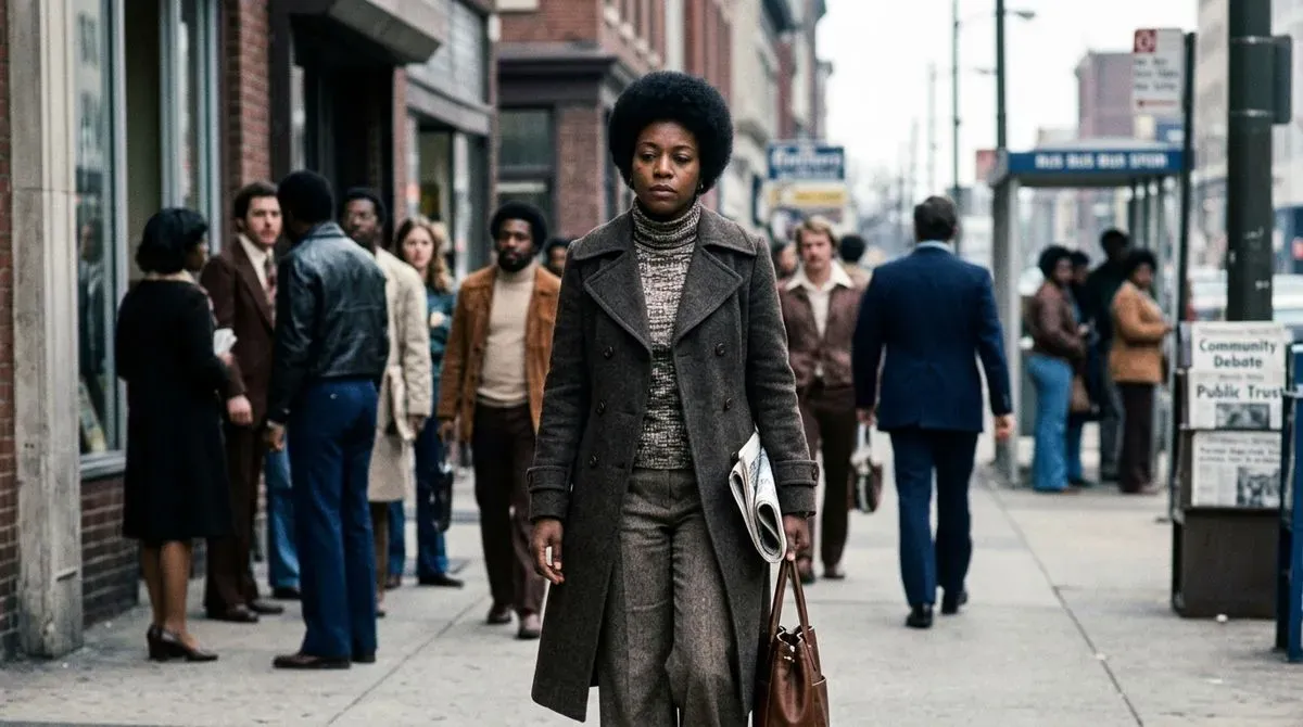 A Black woman with an afro in a 1970s coat walks purposefully on a crowded city sidewalk with a newspaper.