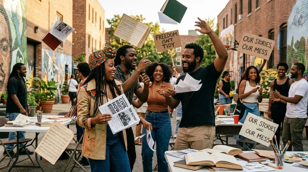 Joyful Black people celebrating history & freedom, with books & papers flying in an urban alley with murals and signs.