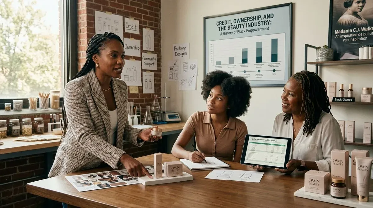 Black women discuss OWN BEAUTY products, business metrics, and Black entrepreneurship in their office, with a "Black-Owned" sign.