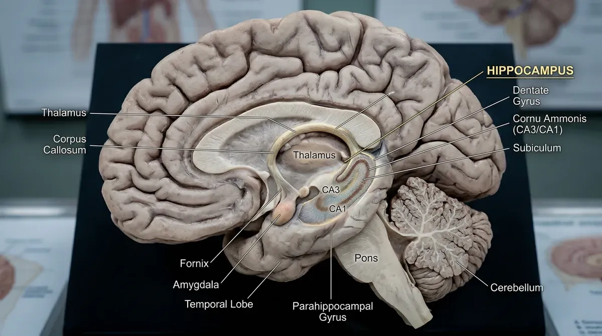 Detailed sagittal human brain model showing internal anatomy with hippocampus, thalamus, corpus callosum, and cerebellum labeled.