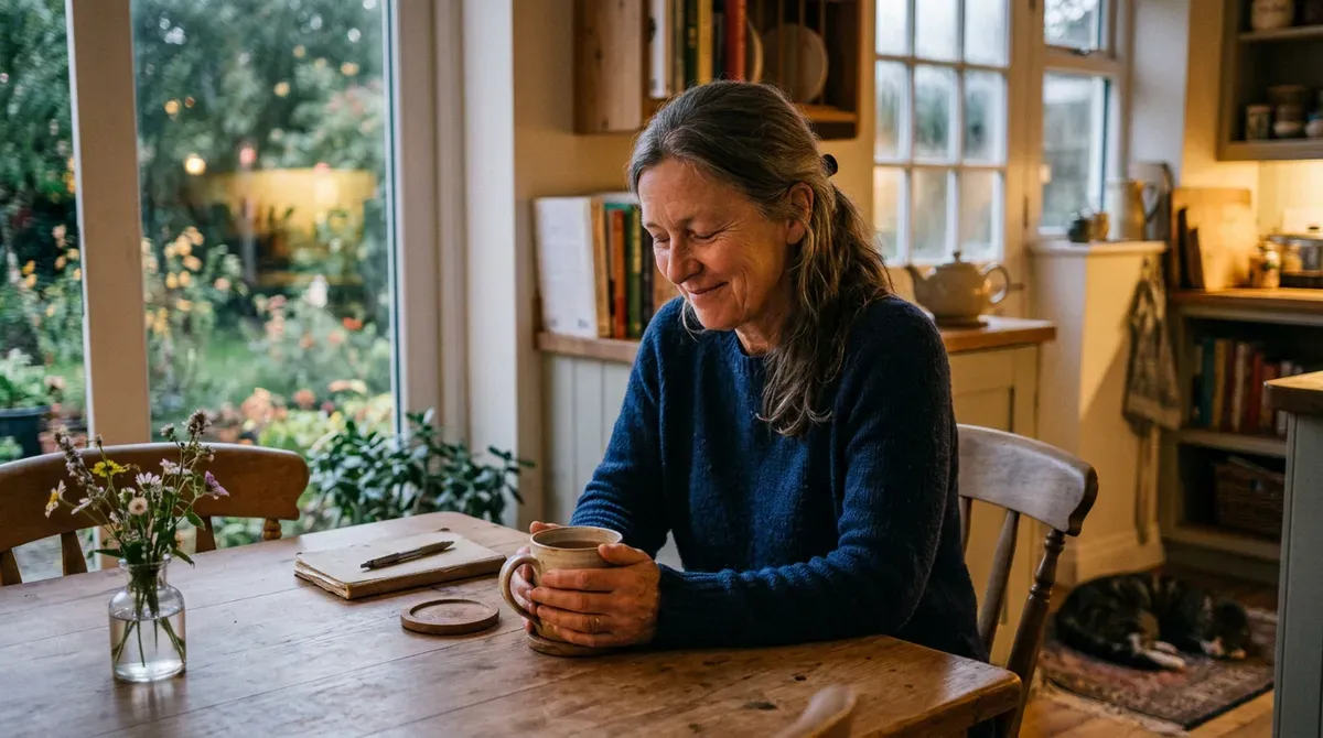 Smiling woman holds a mug at a cozy kitchen table with a garden view, books, and a sleeping cat.