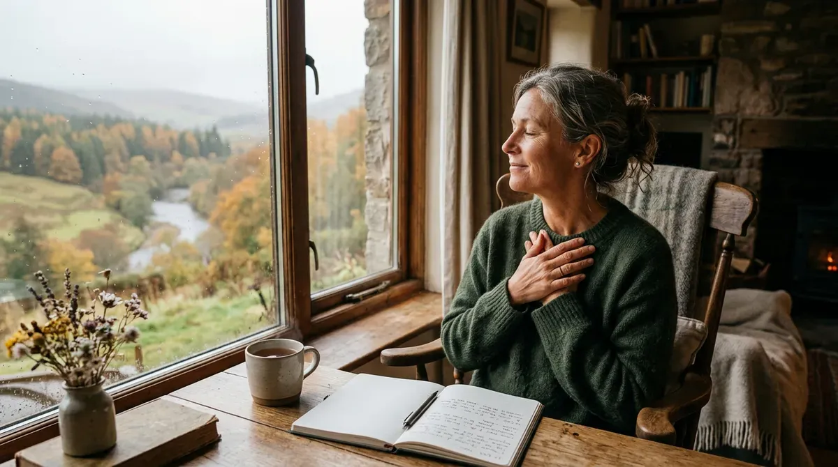 Peaceful woman with hands on chest by window, eyes closed, enjoying rainy autumn river view. Journal, tea, cozy fireplace.
