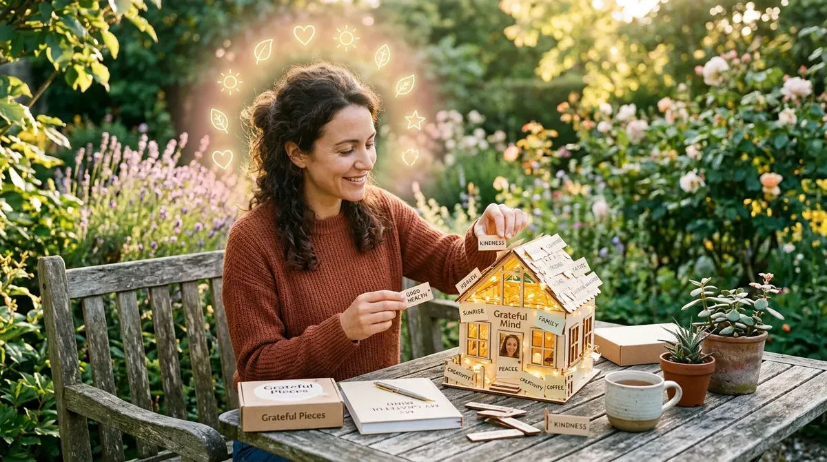 Smiling woman building a 'Grateful Mind' wooden house with positive words in a sunny garden, symbolizing well-being.