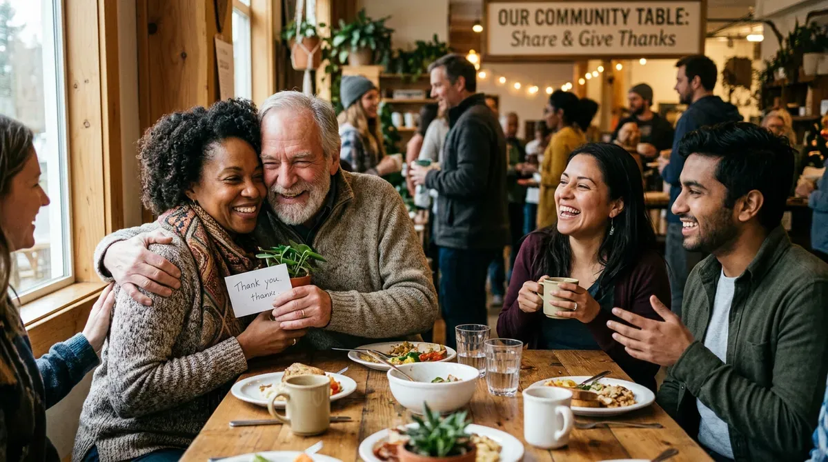 Diverse group sharing a joyful community meal. Man hugs woman holding 'Thank you' plant.