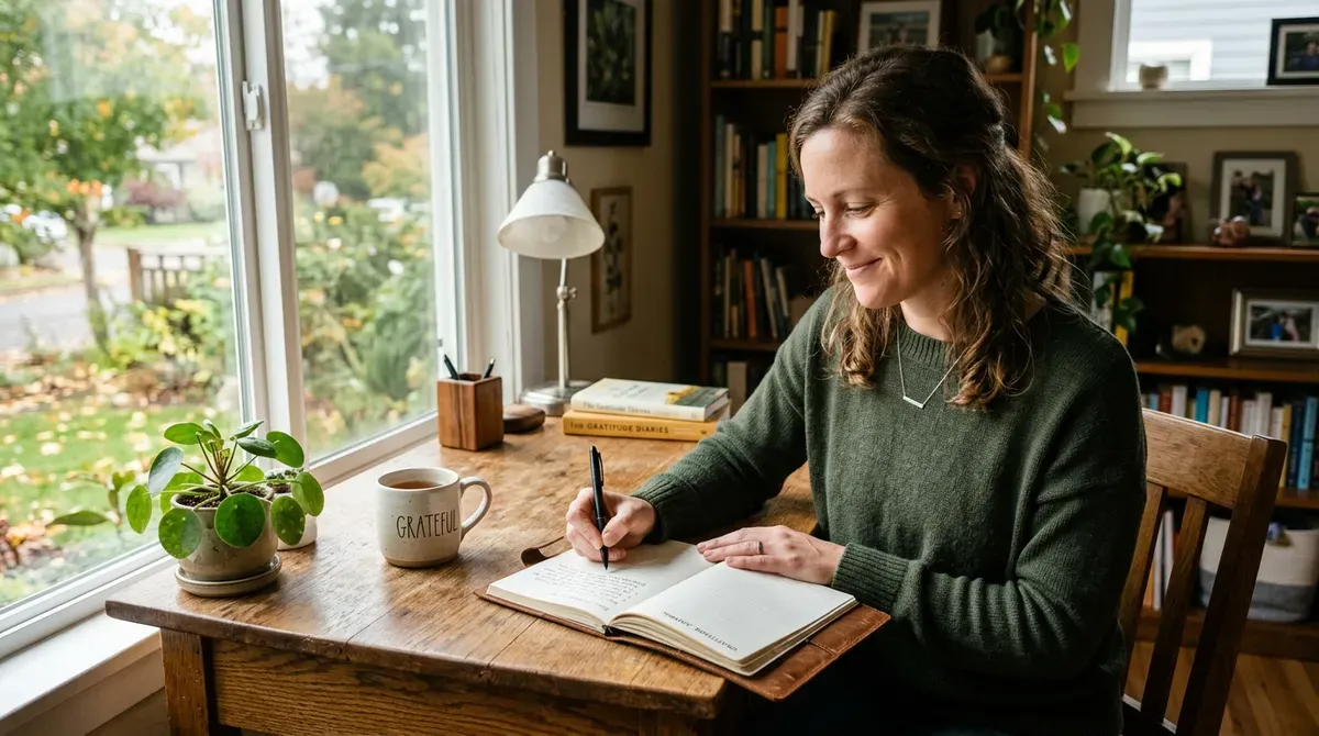 Woman writing in a gratitude journal at a cozy home office desk by a window, surrounded by books.