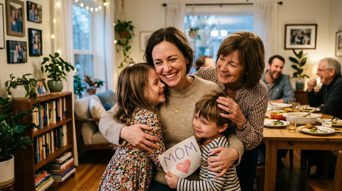 Smiling mom, kids, and grandma hug, boy holds "MOM" card. Multi-generational family dinner celebration at home.