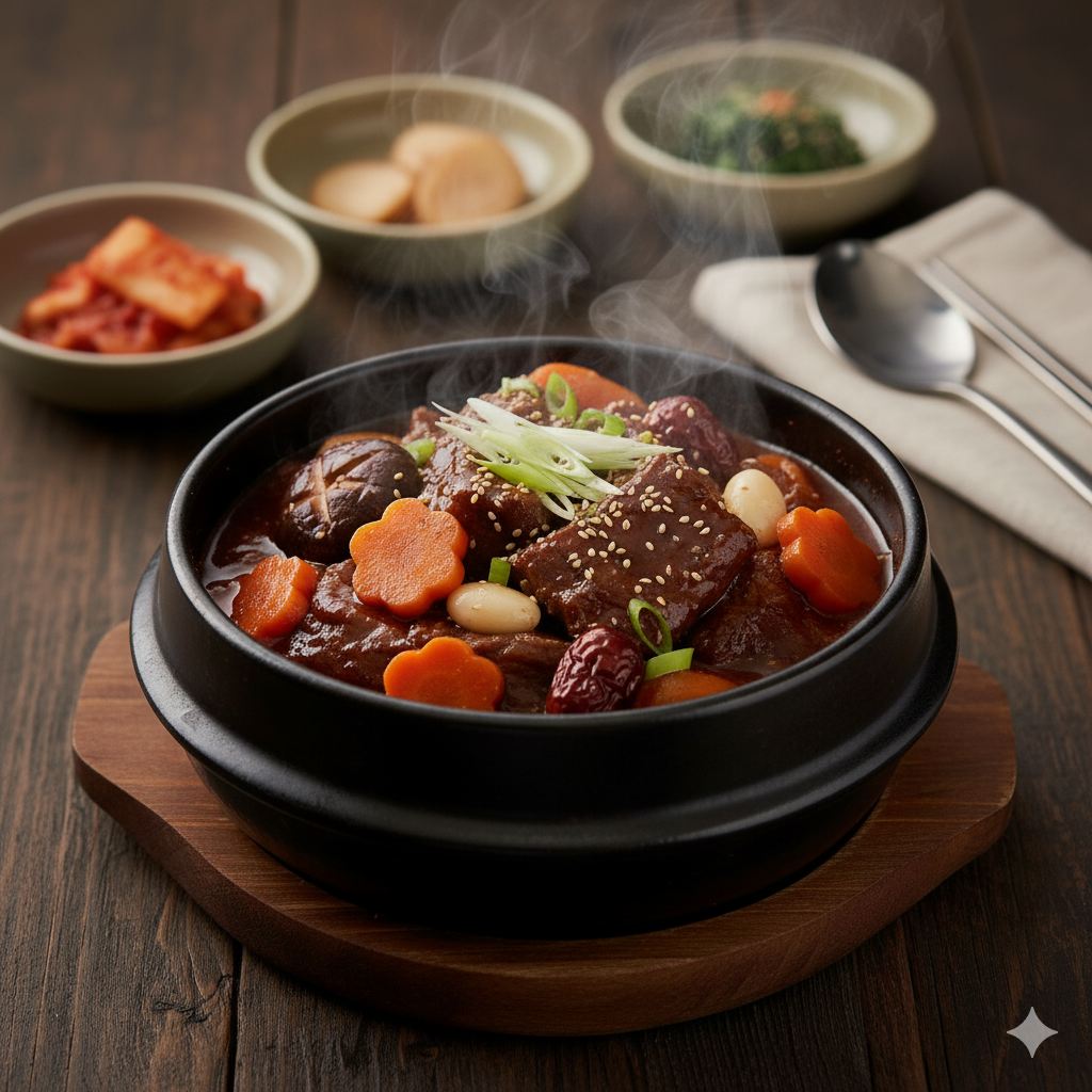 Tender beef short ribs braised in a sweet and savory soy-based sauce with vegetables.