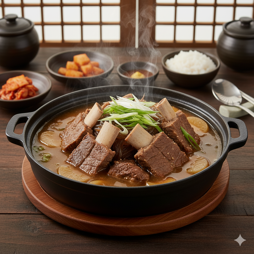 A clear, savory soup made from beef short ribs.