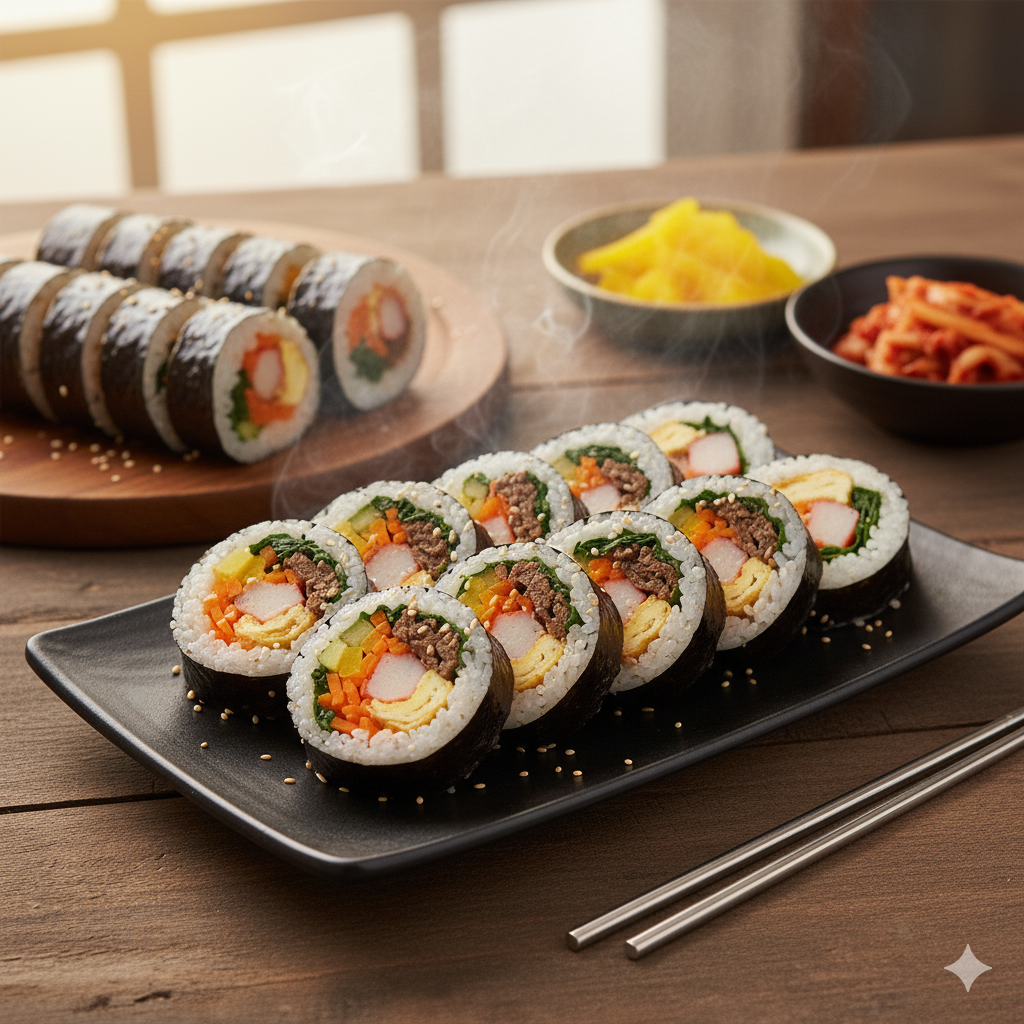 A popular Korean picnic food, made from steamed white rice (bap) and various other ingredients, rolled in gim (sheets of dried laver seaweed).