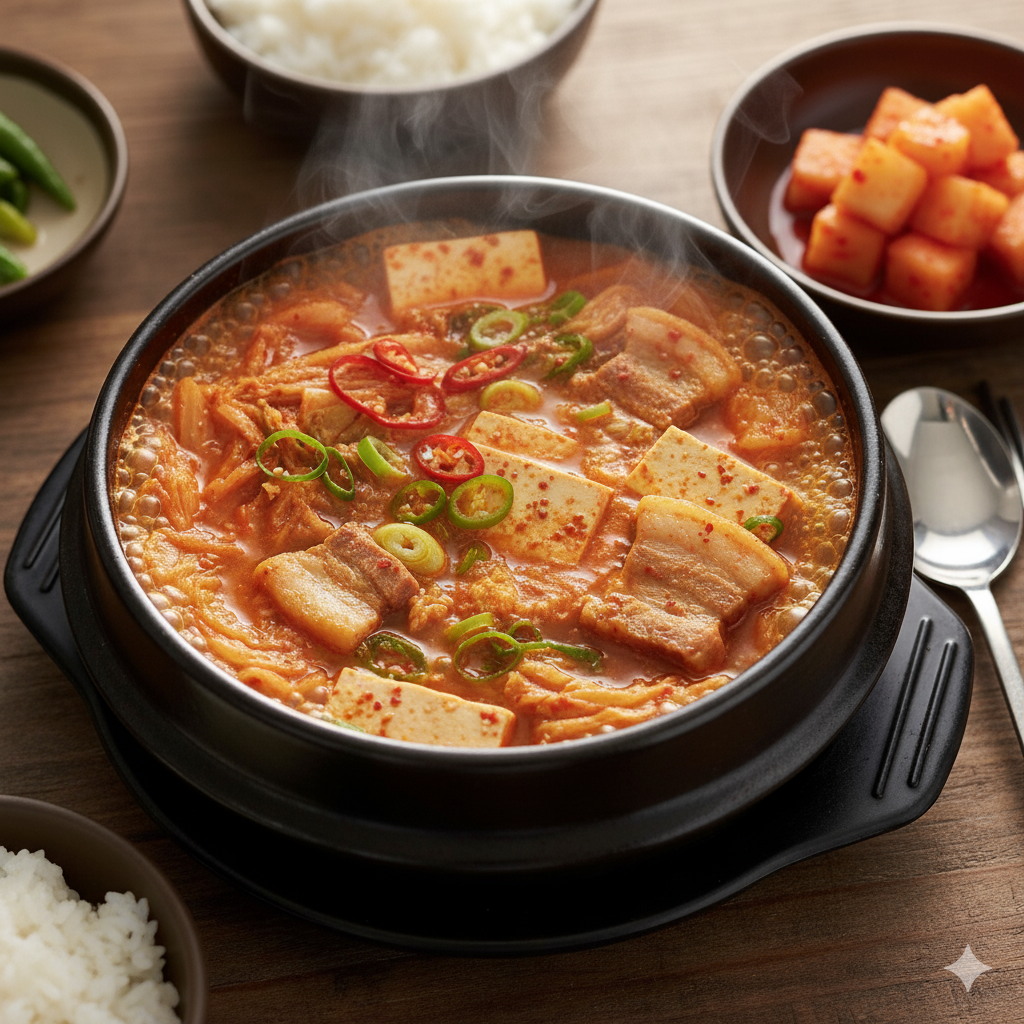 A bubbling red pot of kimchi jjigae stew with tofu and pork.