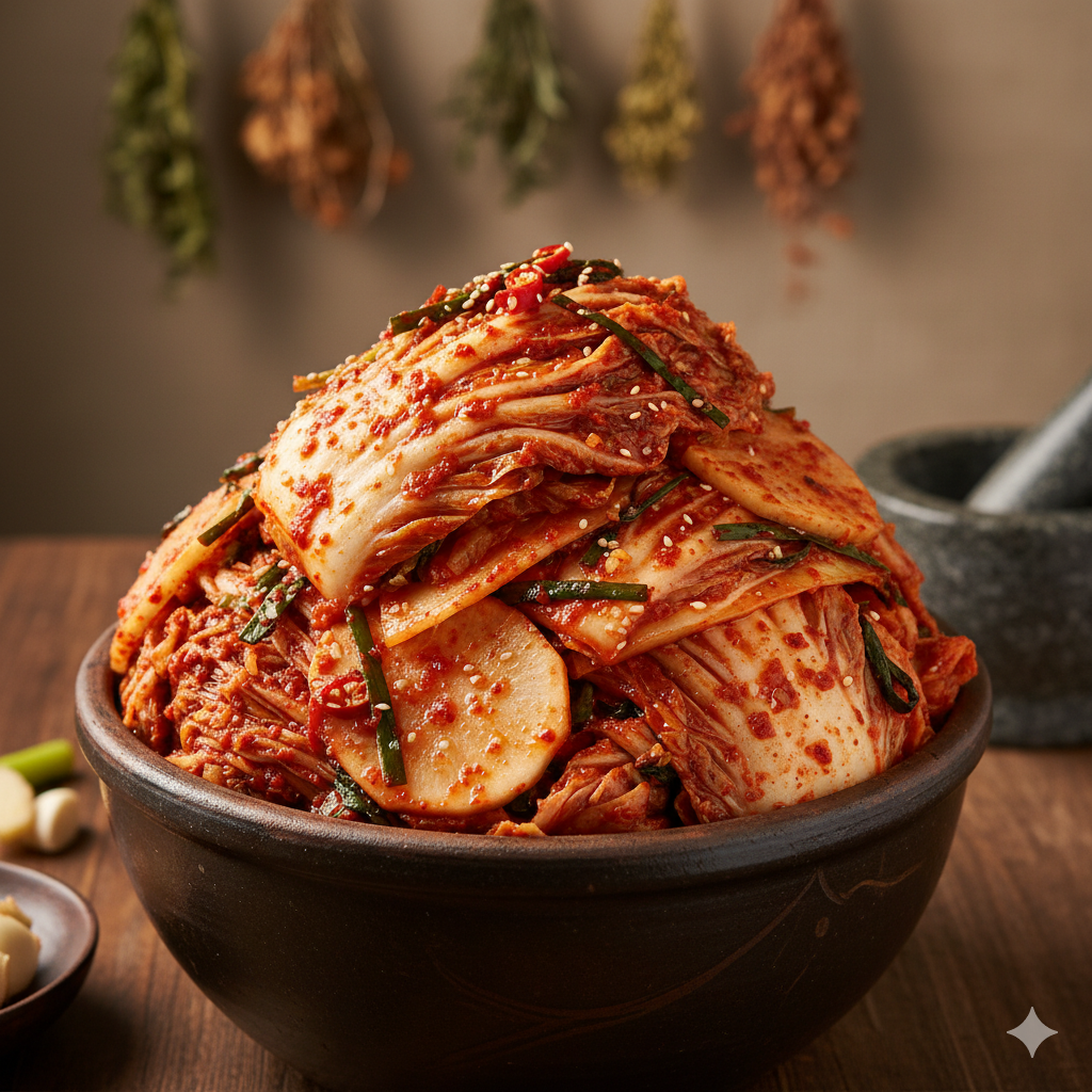A close-up of vibrant red, freshly made kimchi in a jar.