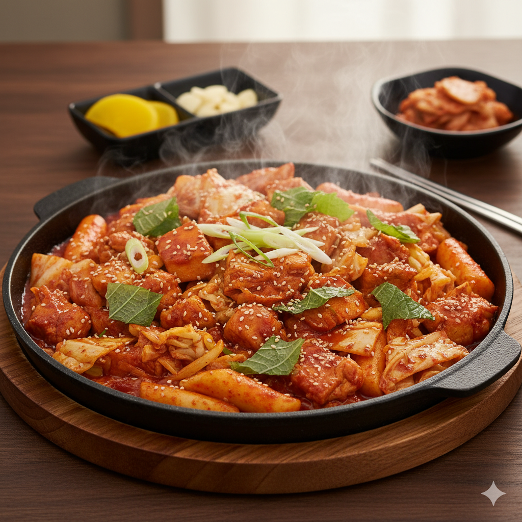 A spicy and savory dish made by stir-frying marinated chicken, cabbage, and sweet potatoes.