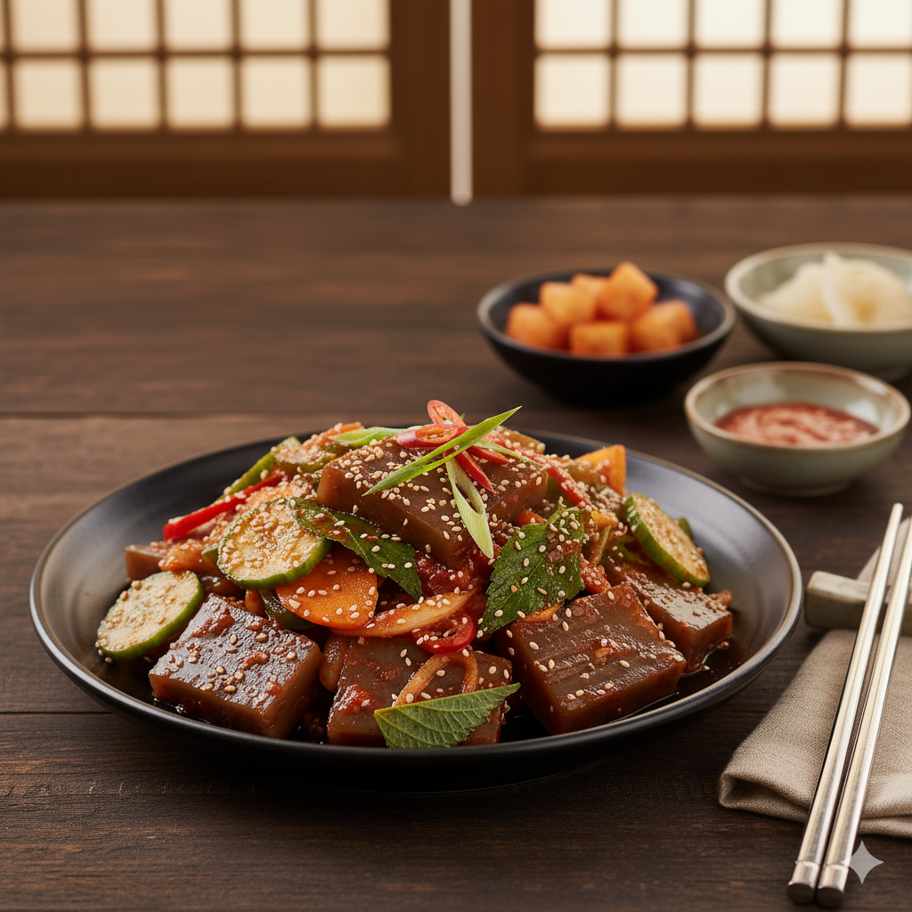 A light and refreshing salad made with acorn jelly.
