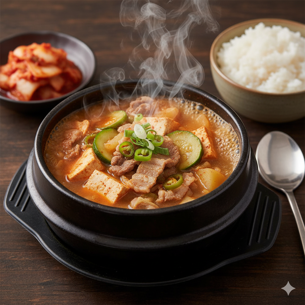 A fundamental Korean stew made with fermented soybean paste.