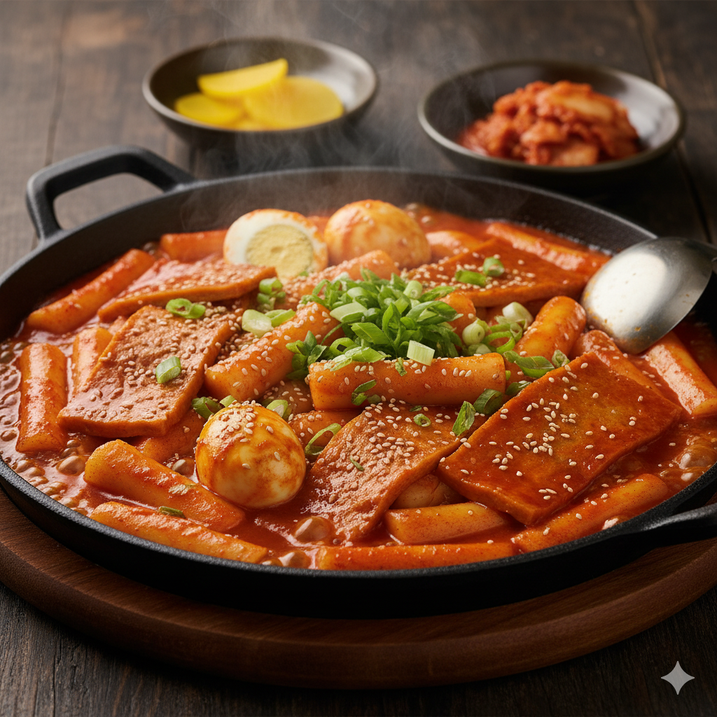 A vibrant red dish of tteokbokki with fish cakes.
