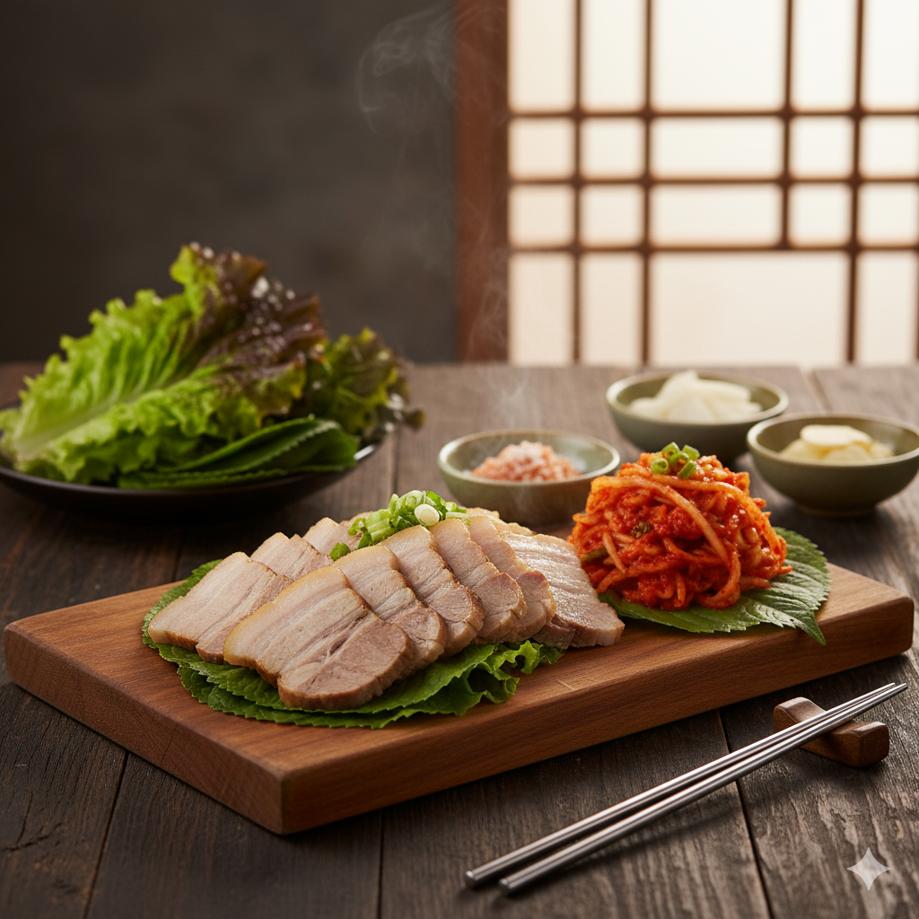 Tender, boiled pork belly slices served with fresh lettuce, kimchi, and dipping sauces.