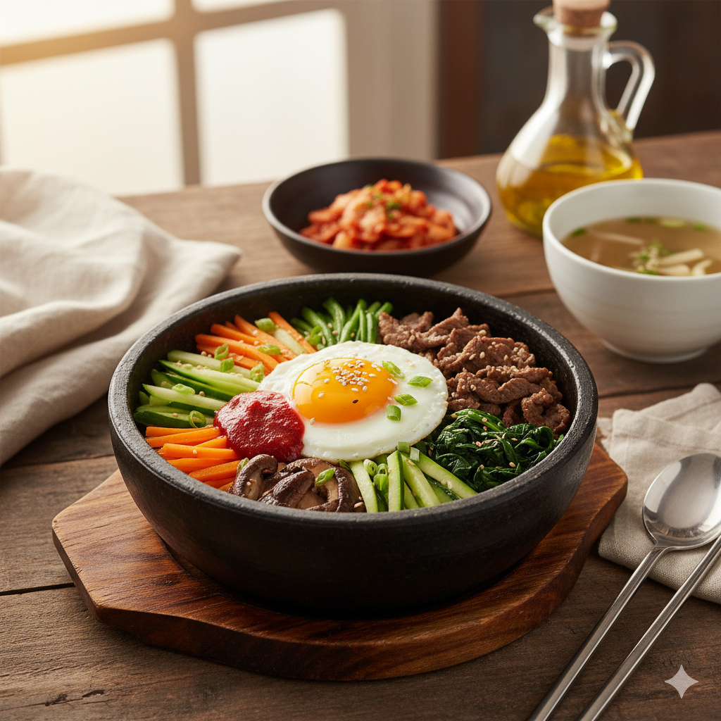 A colorful bowl of bibimbap with assorted vegetables and a fried egg.