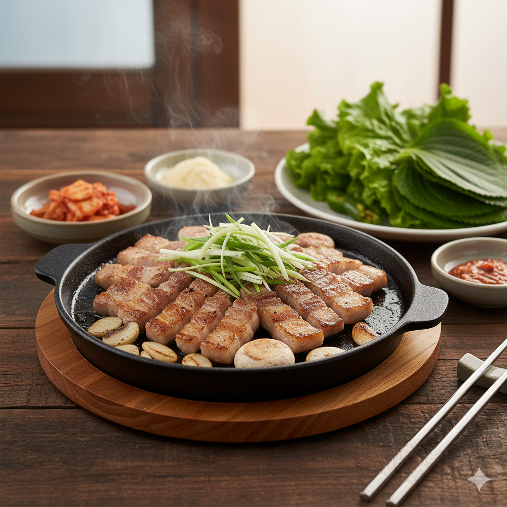 Thick slices of pork belly grilled at the table. A popular Korean BBQ dish.