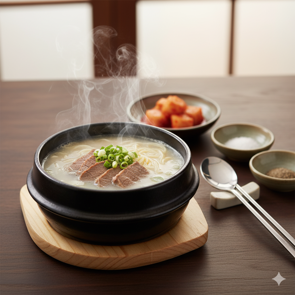 A milky, savory soup made from simmering ox bones for hours.