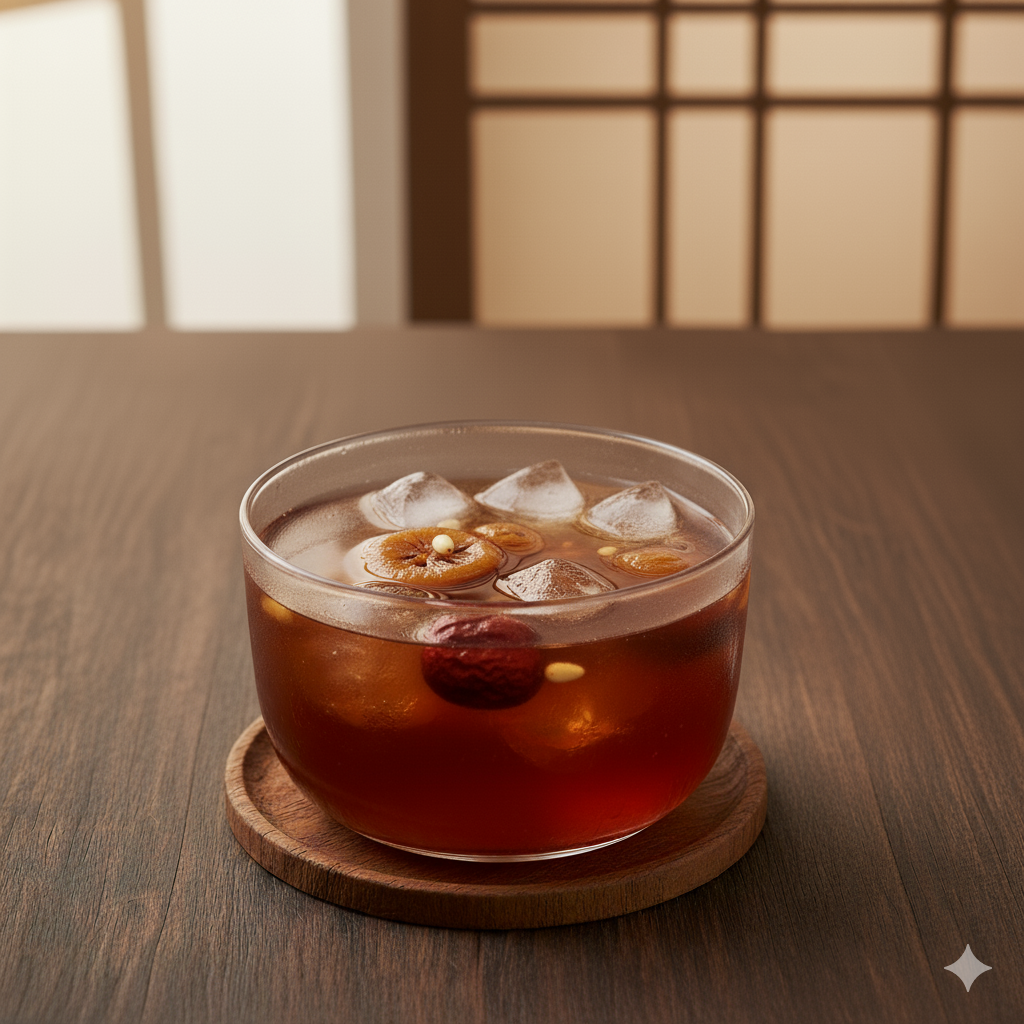A traditional Korean dessert punch made from dried persimmons, cinnamon, and ginger.