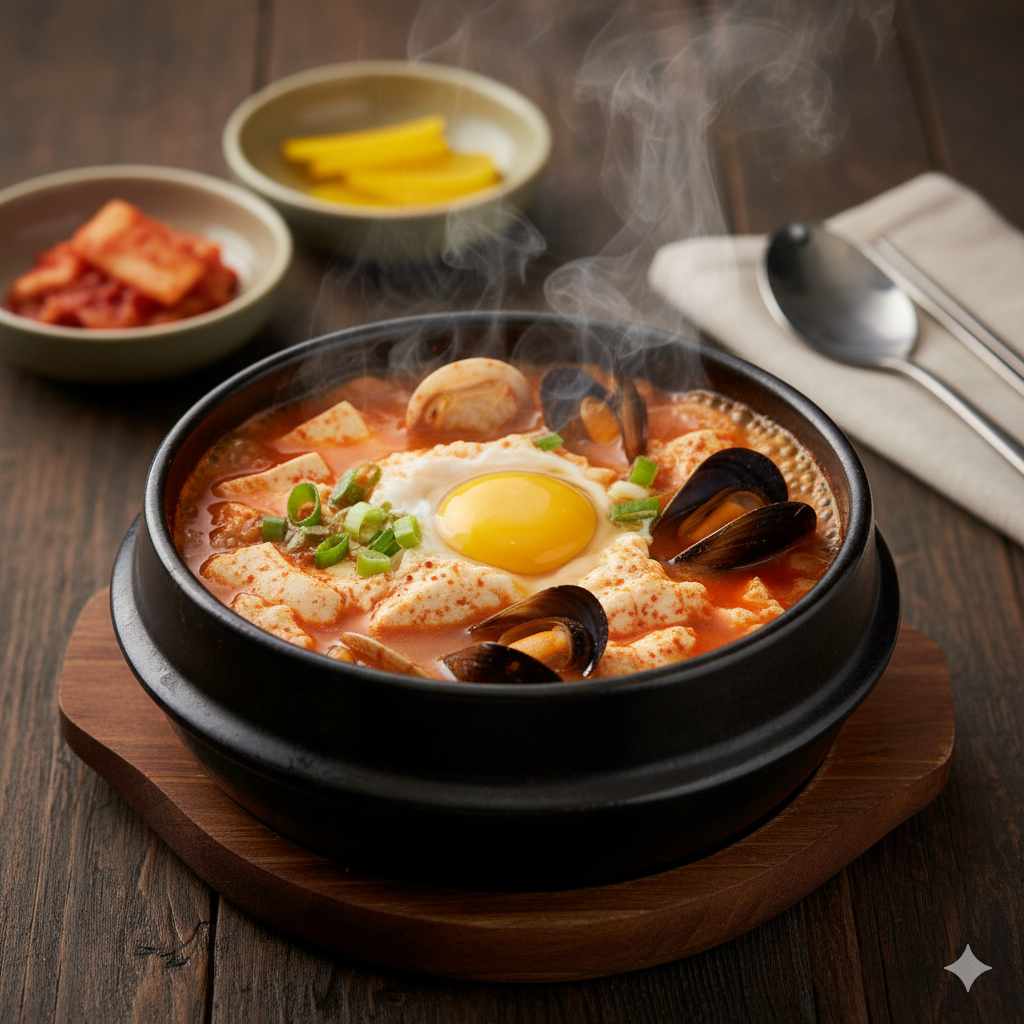 A spicy Korean stew made with uncurdled, soft tofu (sundubu), vegetables, and gochujang.
