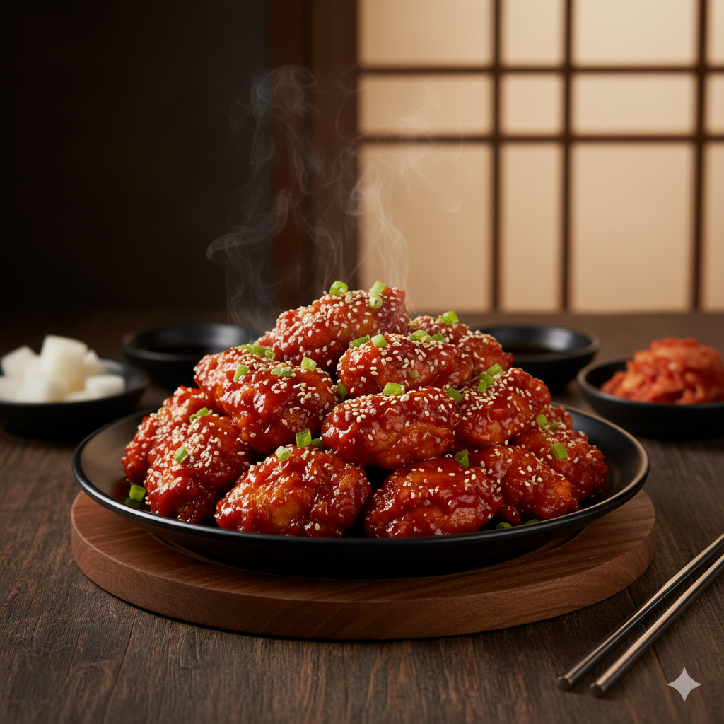 Crispy fried chicken coated in a sticky, sweet, and spicy sauce.