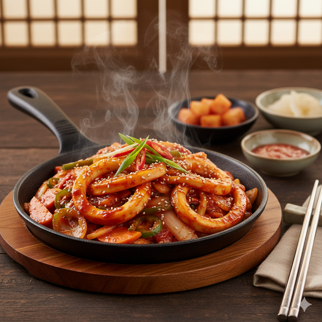 A fiery stir-fry dish featuring tender squid and vegetables.
