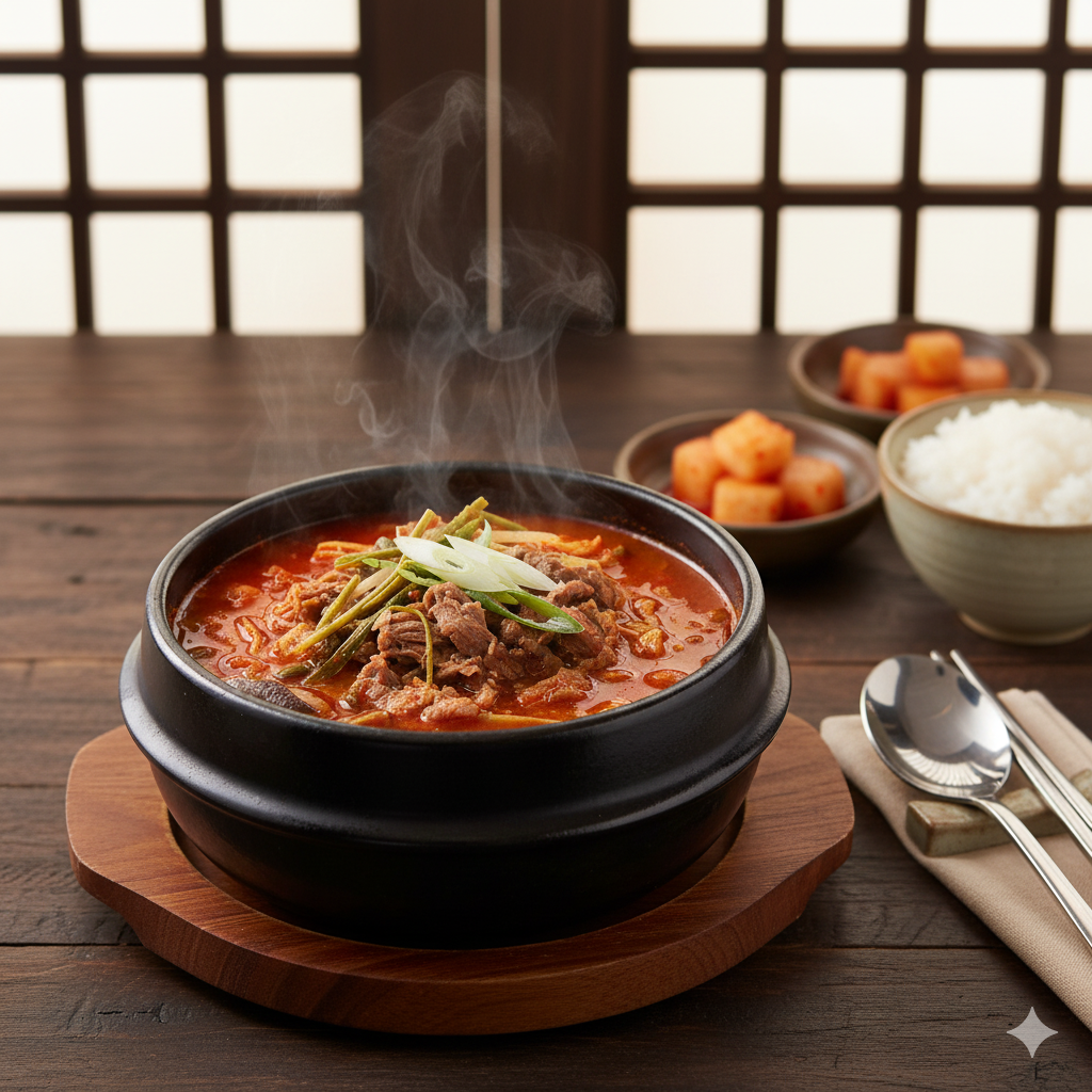 A hearty, spicy soup made with shredded beef and scallions.