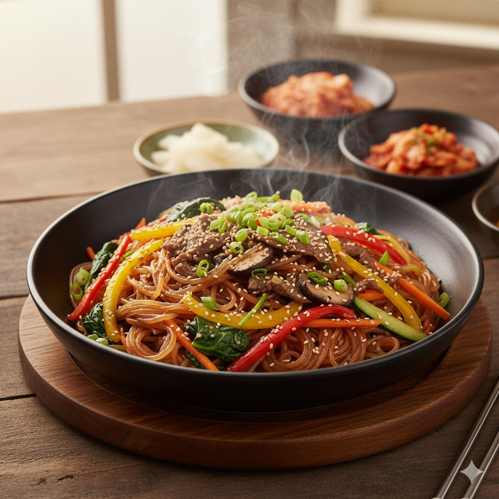 A savory and slightly sweet dish of stir-fried glass noodles and vegetables.