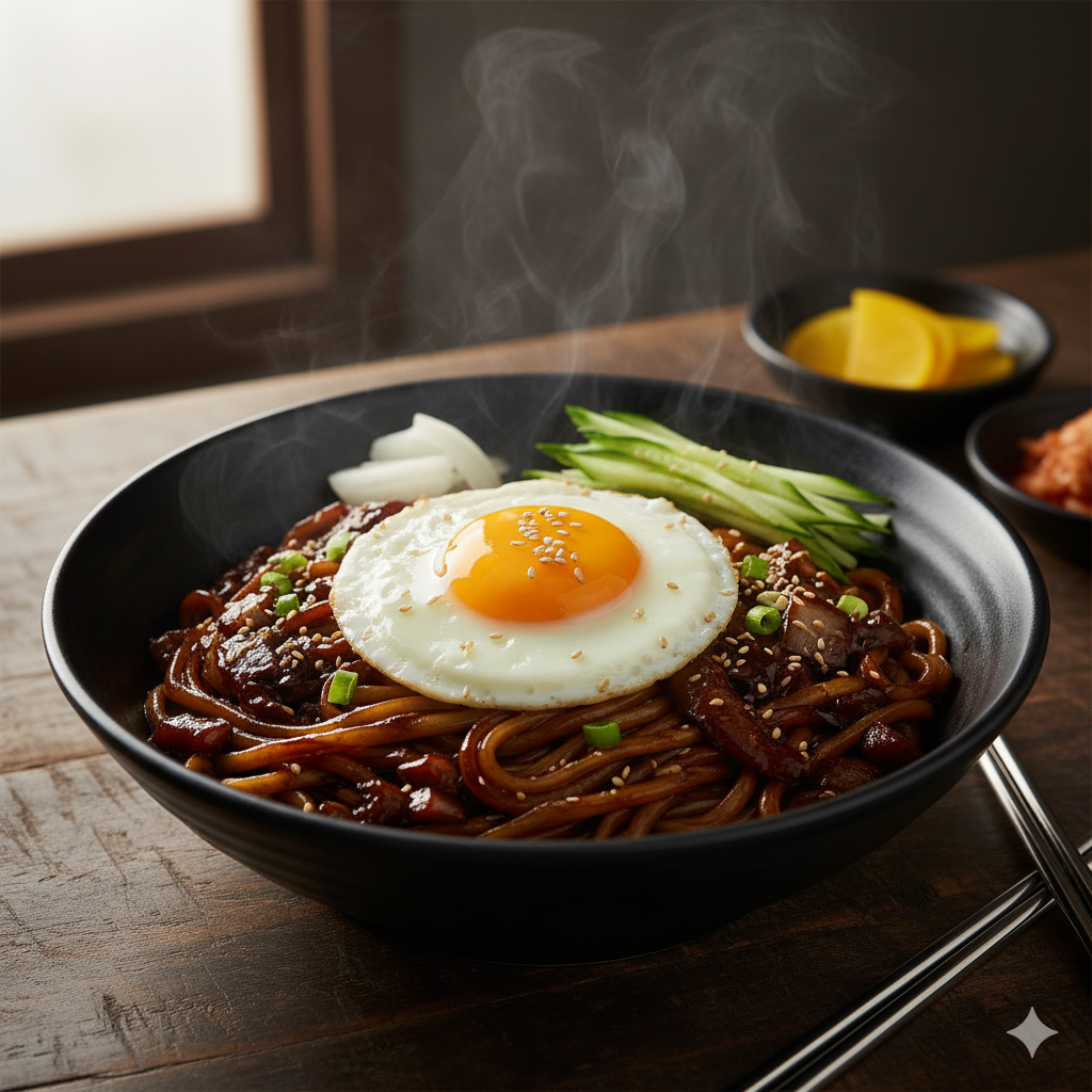 Noodles topped with a thick, savory black bean sauce with pork and vegetables.