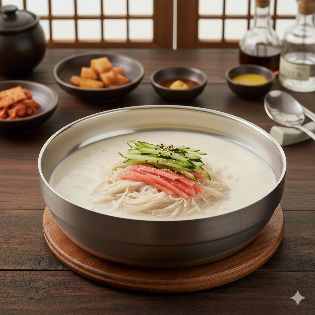 A creamy and nutty cold noodle soup made from ground soybeans.