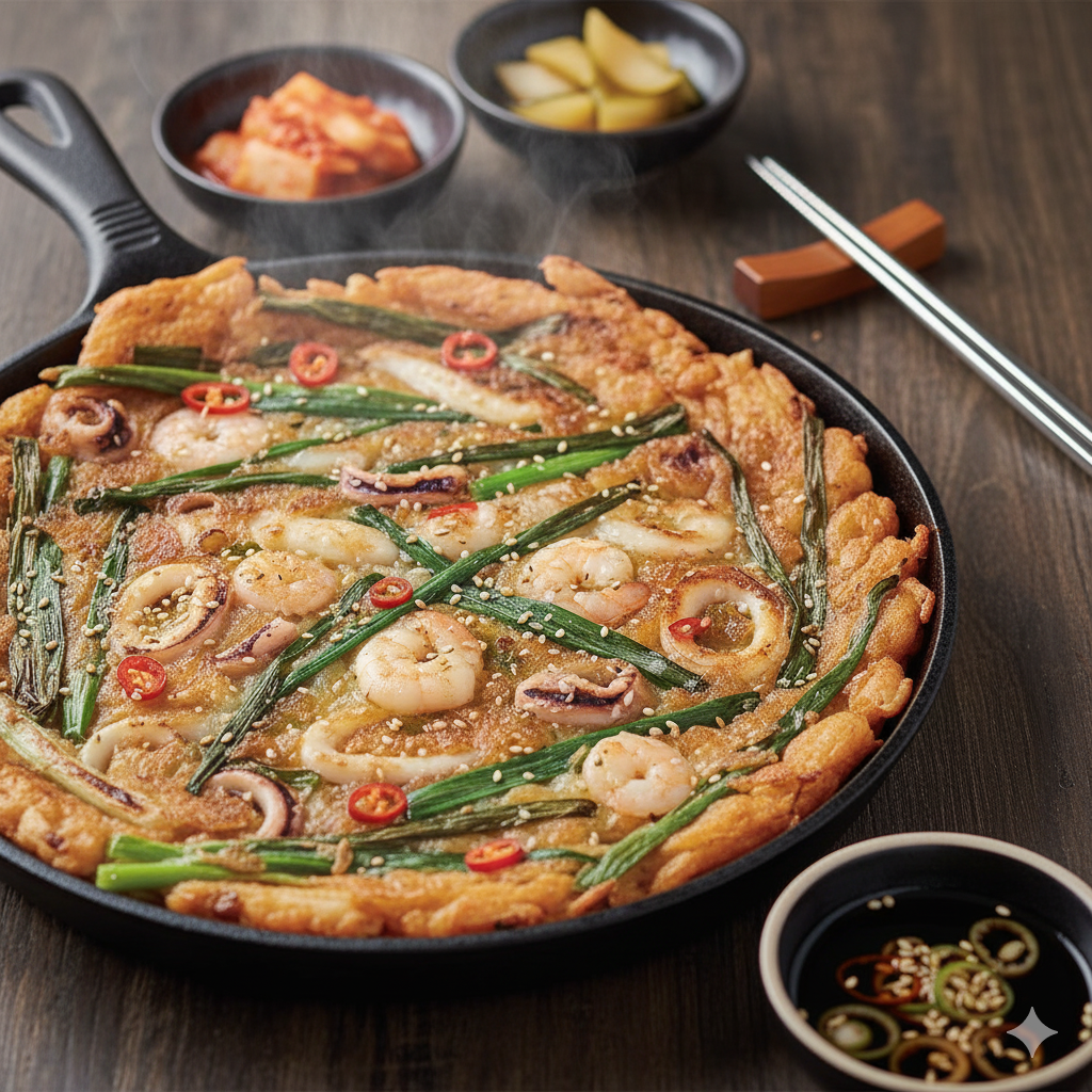 A savory pancake made with a batter of flour, eggs, and scallions. Often with seafood.
