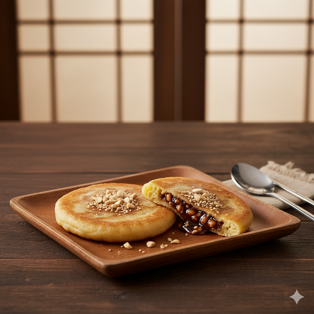 A sweet Korean pancake filled with a brown sugar syrup.