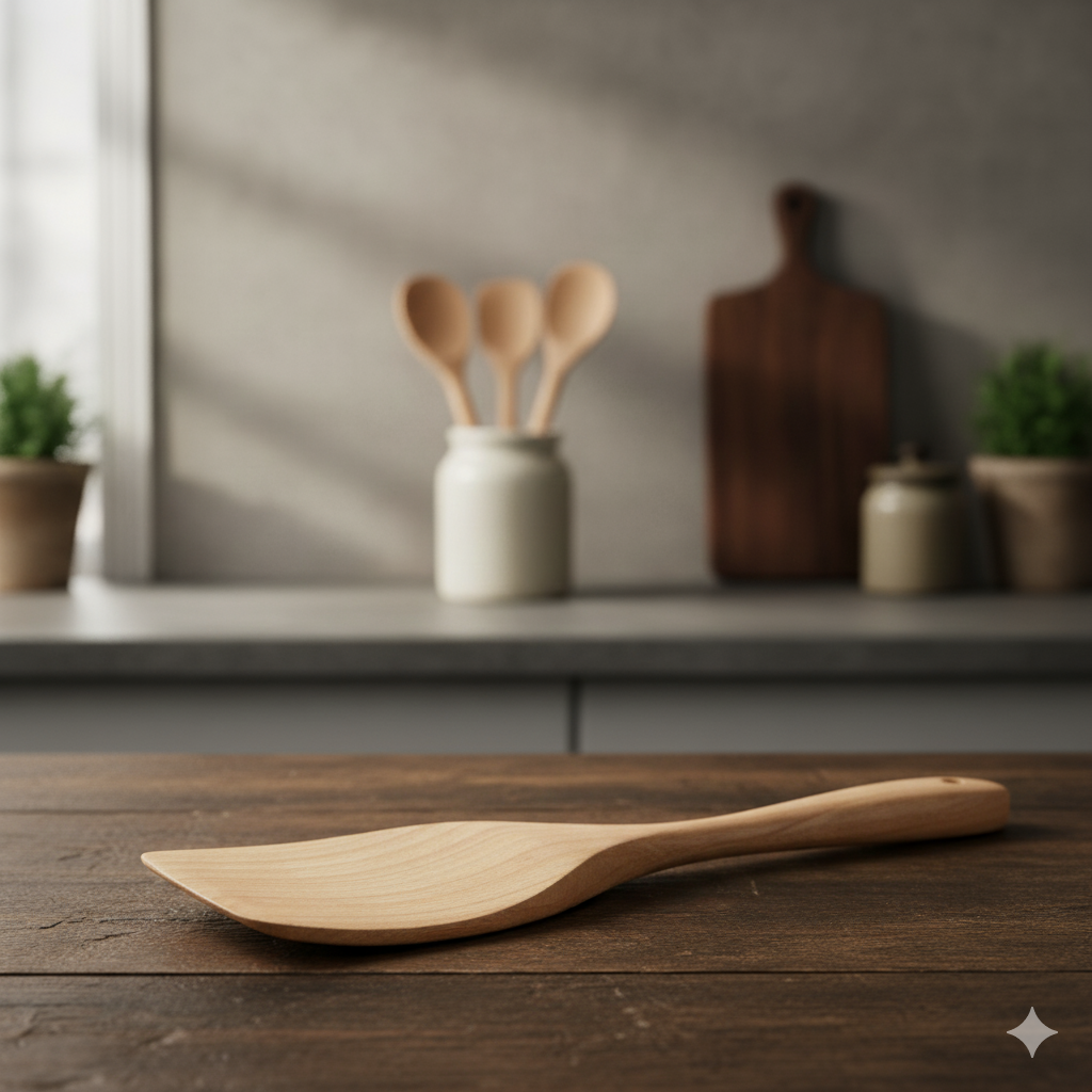 A wooden rice paddle for serving rice.