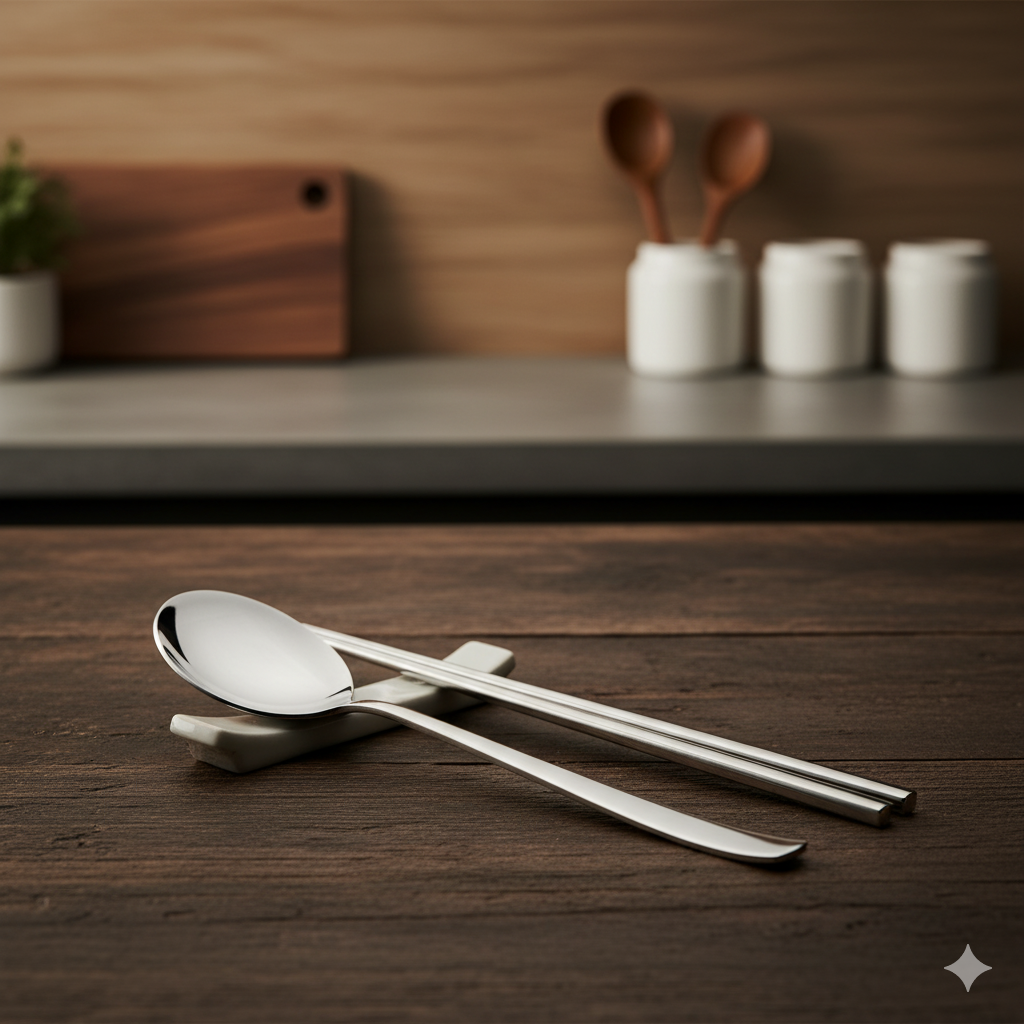 Korean stainless steel chopsticks and spoon.