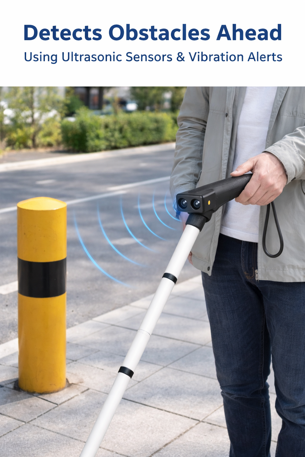 A person holds a smart cane with ultrasonic sensors emitting blue waves toward a yellow bollard, demonstrating obstacle detection.