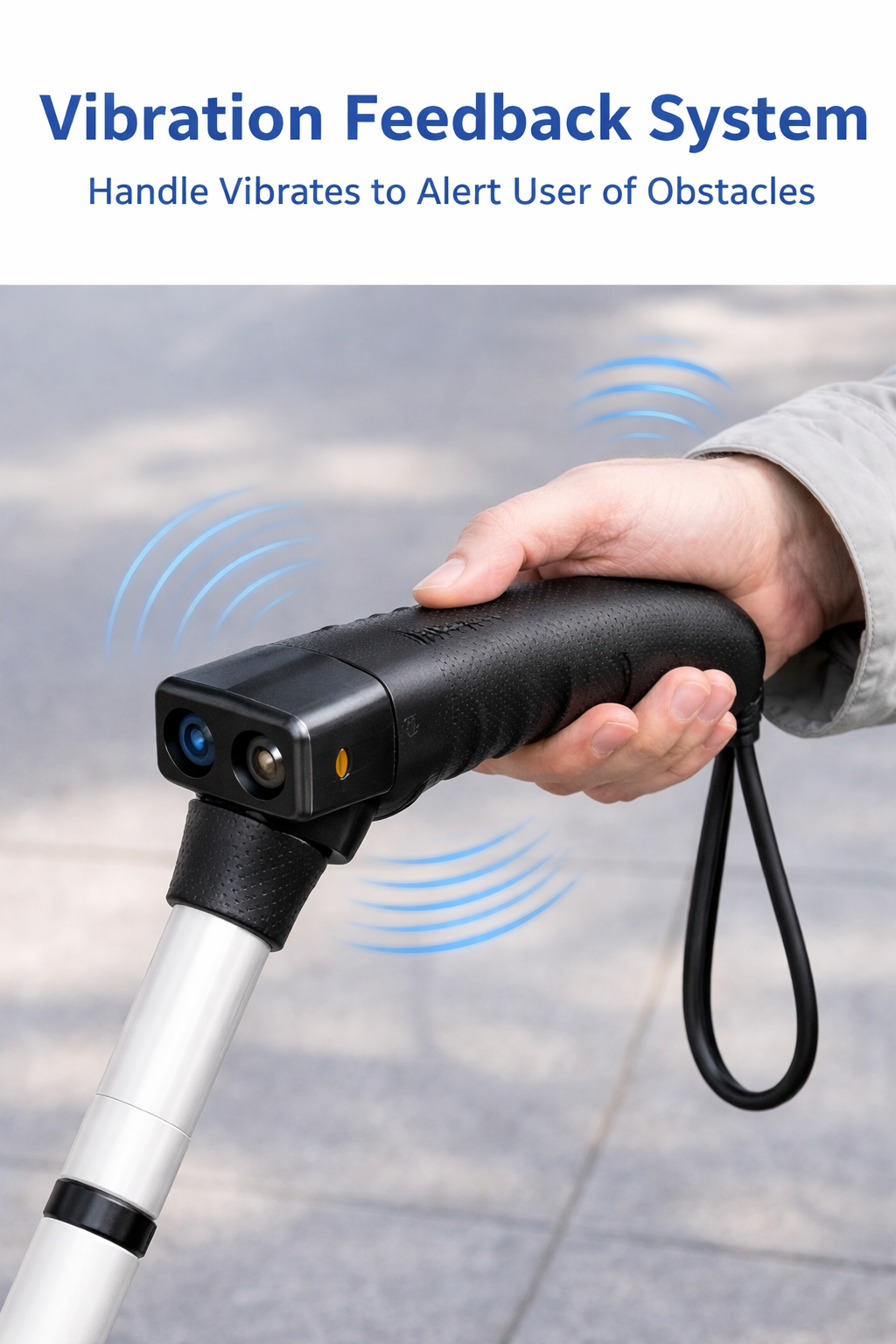 Hand holds smart cane handle with sensors; blue waves indicate 'Vibration Feedback System' that 'Alerts User of Obstacles'.