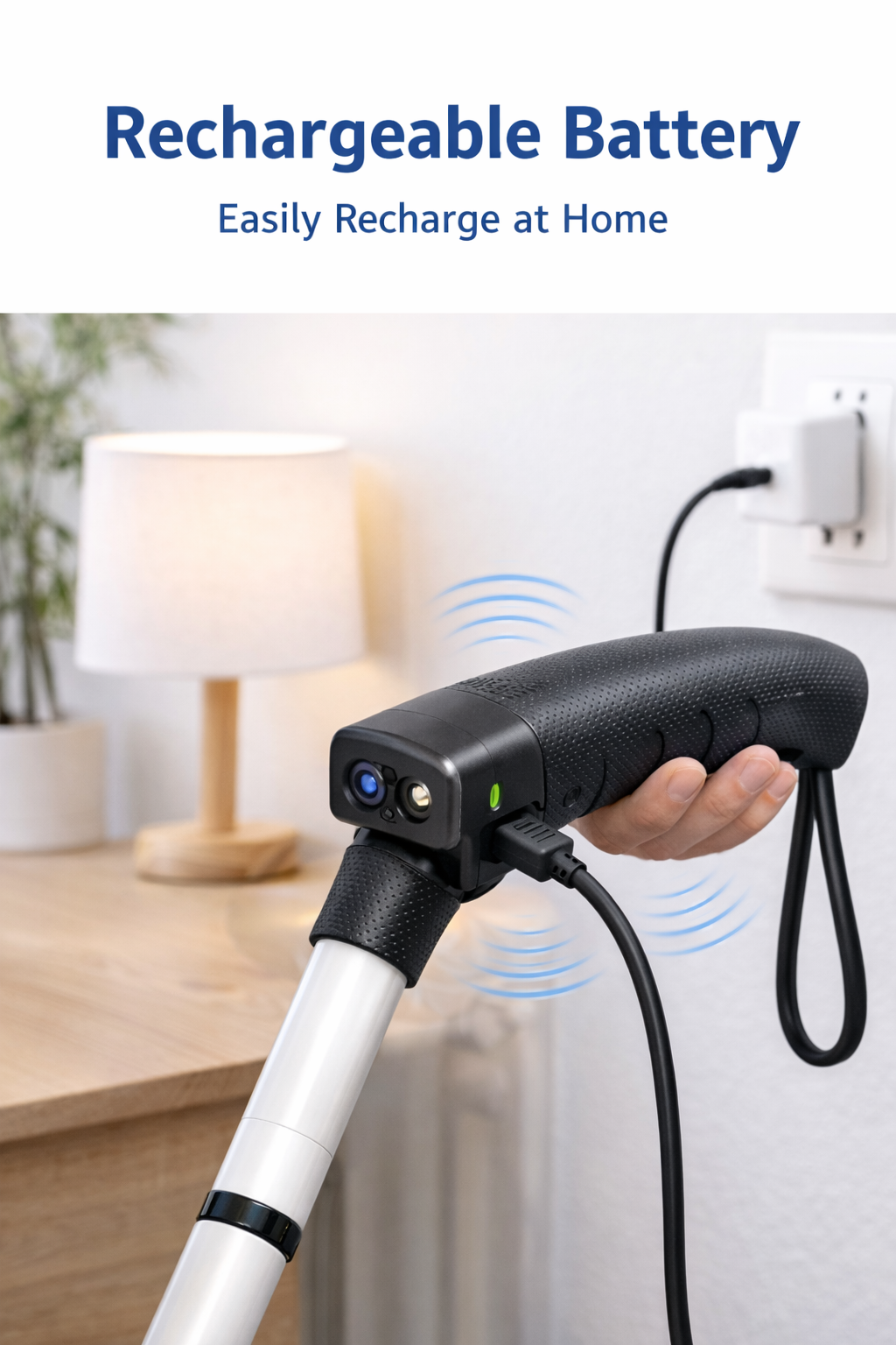 Smart cane handle with a USB cable plugged in, showing a green charging light, illustrating 'Rechargeable Battery, Easily Recharge at Home'.