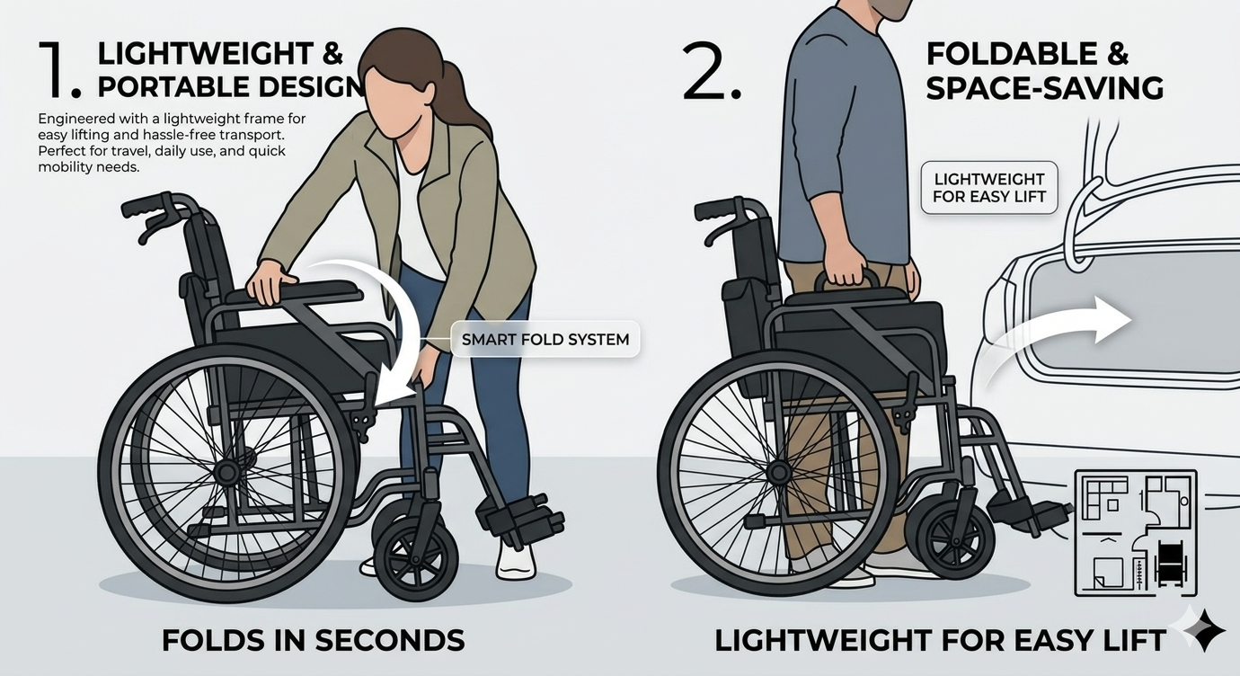 A woman folds a wheelchair with a smart fold system, and a man easily lifts the folded lightweight wheelchair to place it in a car trunk.