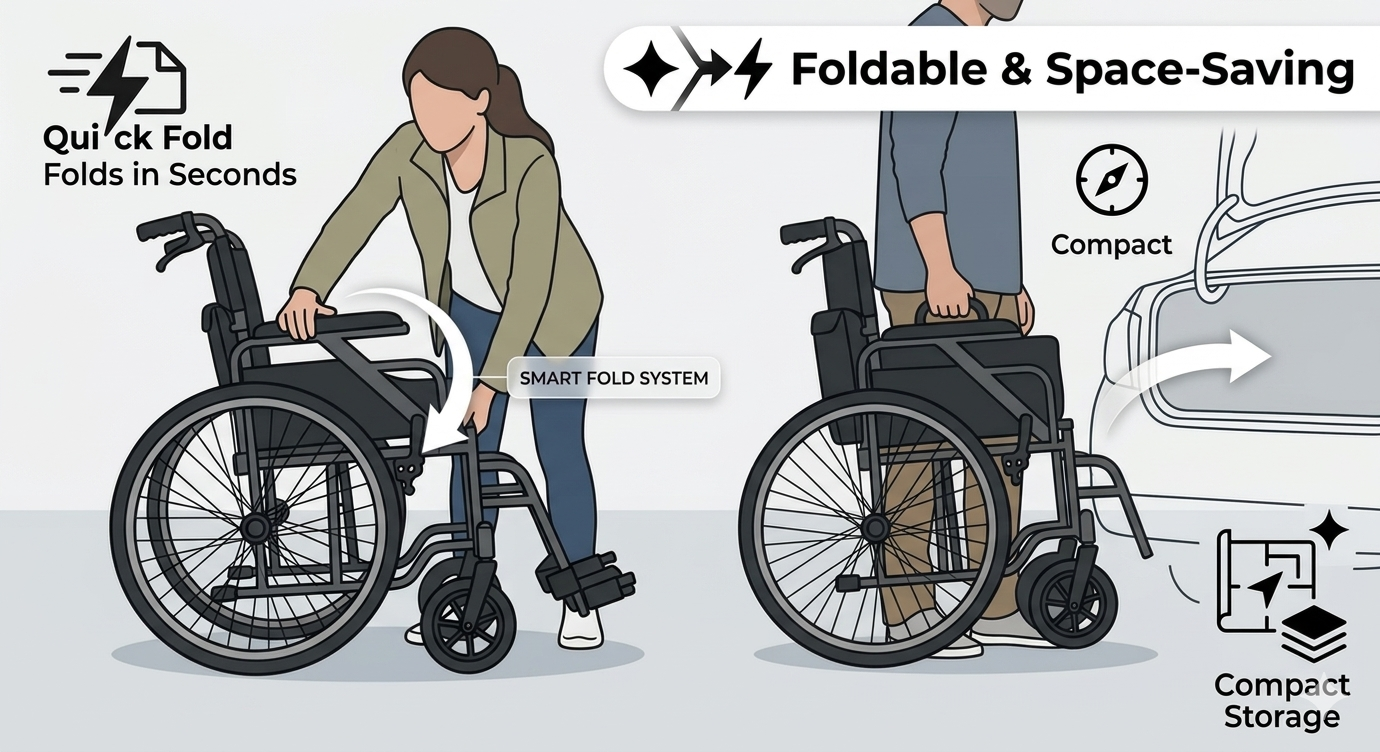 A person folds a wheelchair quickly using a smart fold system, making it compact and space-saving for easy storage into a car.