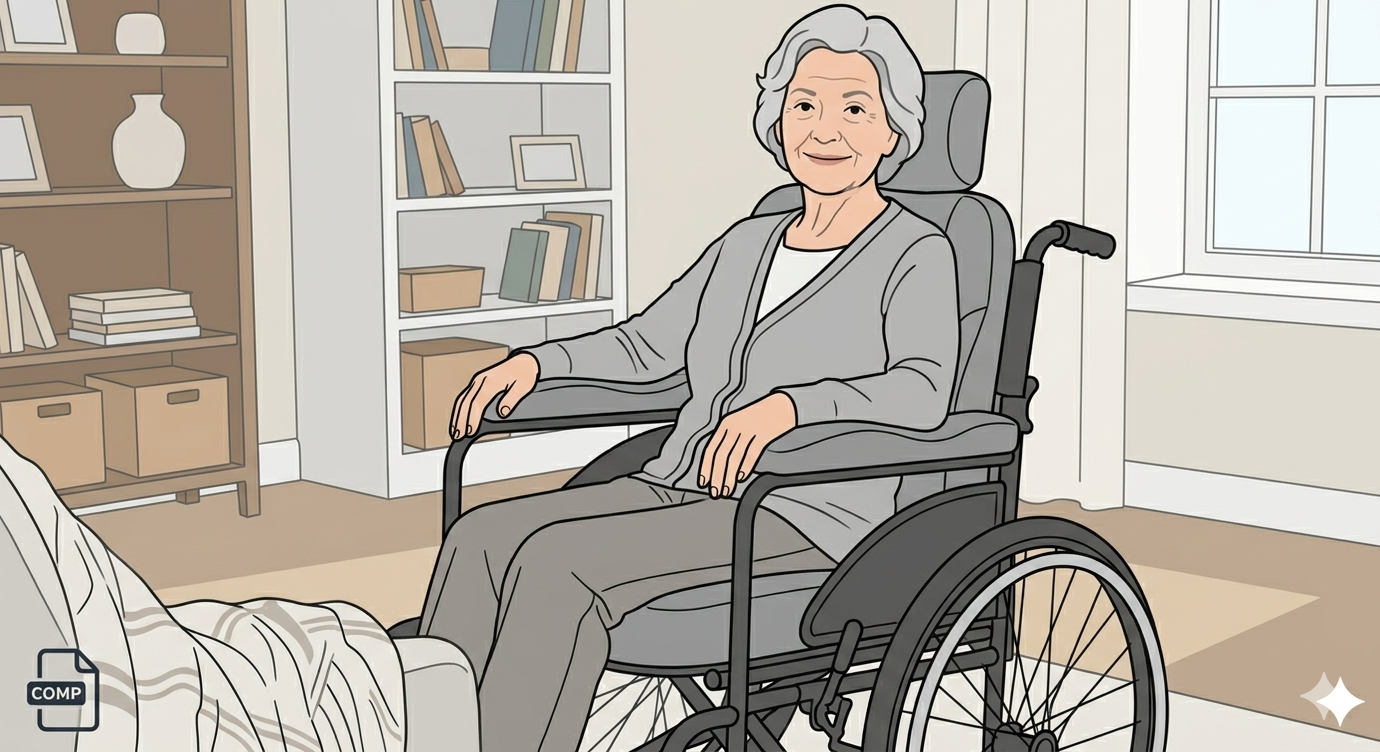 Elderly woman smiling while sitting in a Modern Comfort Wheelchair indoors, with bookshelves in the background.