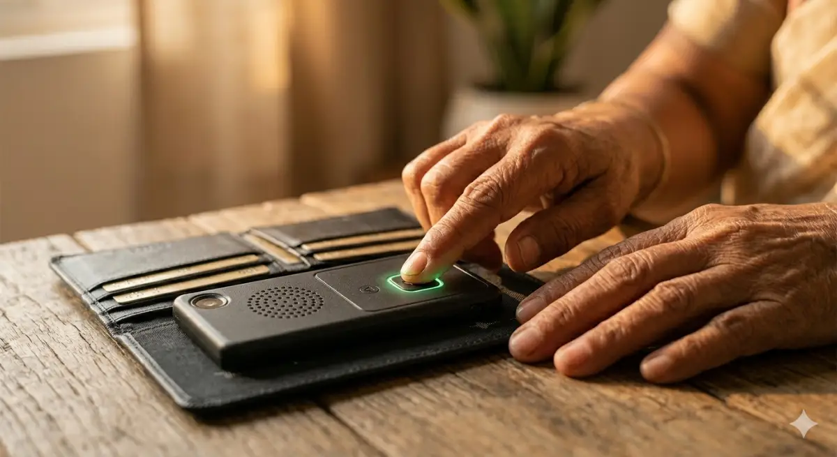 A person presses a glowing button on a black voice-assisted device inside an open wallet.