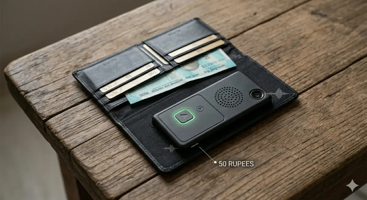 A black voice-assisted currency identifier device with a glowing green button lies in an open wallet, identifying a 50 rupee note.