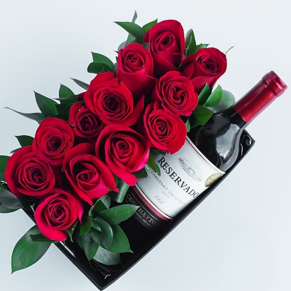 Caja de Rosas Rojas y Vino Reservado