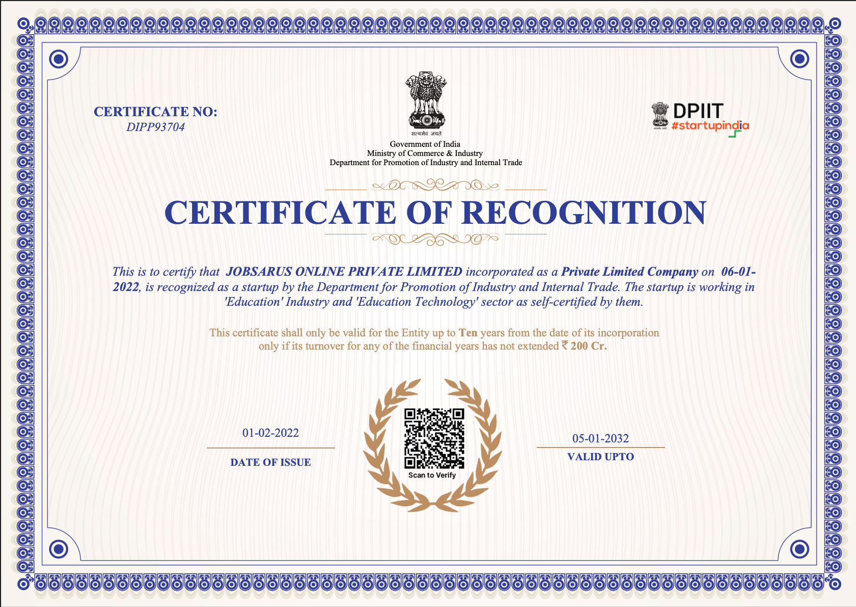 DPIIT Startup Certificate